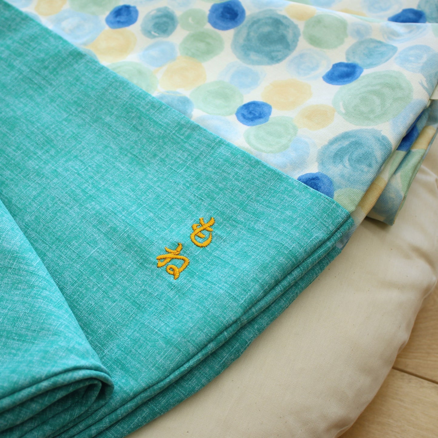 せんべい座布団 | 撥水ヌードせんべい&洗えるカバーセット 【刺繍:533.オレンジ】ツートンデザイン 44.藍玉 / しゃぼんふゆ