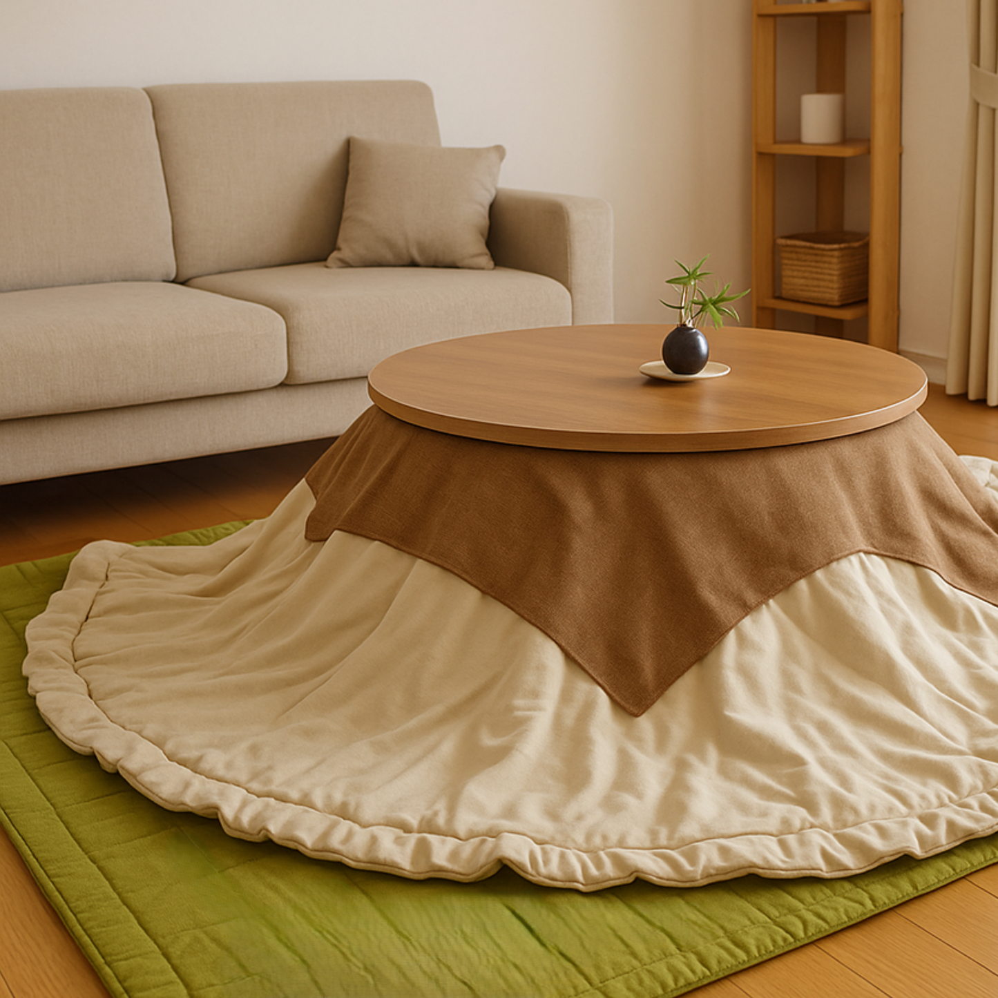 こたつ掛け布団(円形)*サロン付き 掛け布団:29.鳥の子、サロン:24.黄唐茶